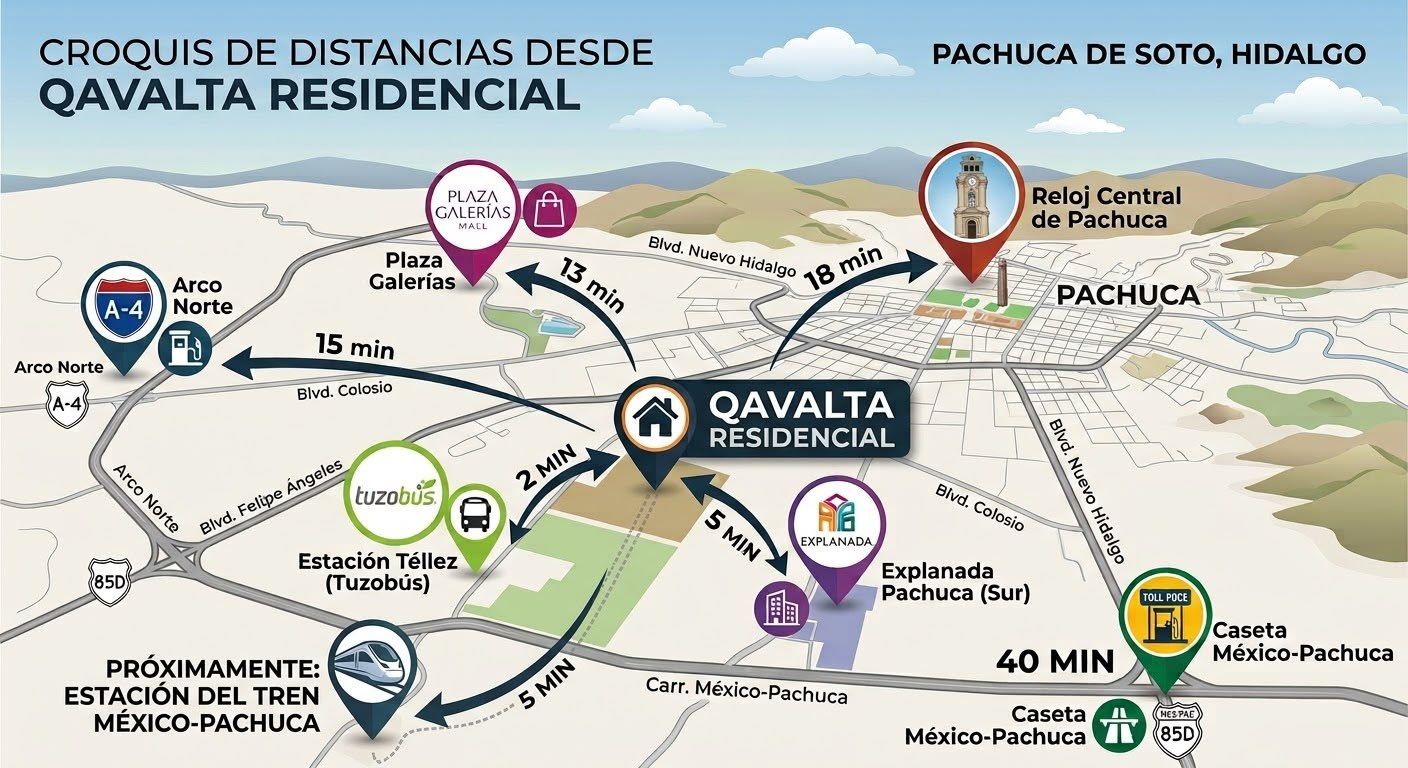 Croquis de distancias desde QAVALTA Residencial, Pachuca de Soto